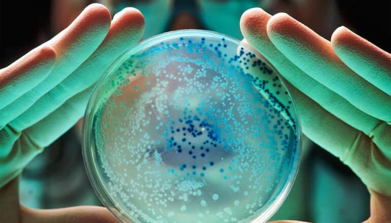 A person wearing gloves holds up a blue/green petri dish with E. Coli bacteria in it.