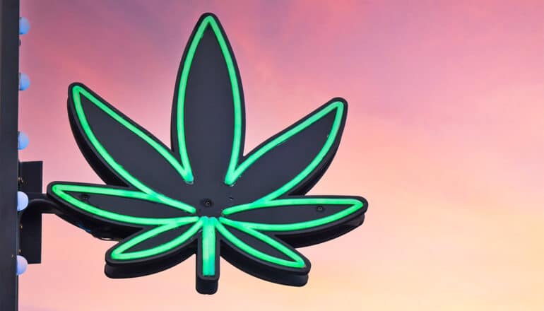 A light-up sign shows a cannabis leaf against a sunset in the background.
