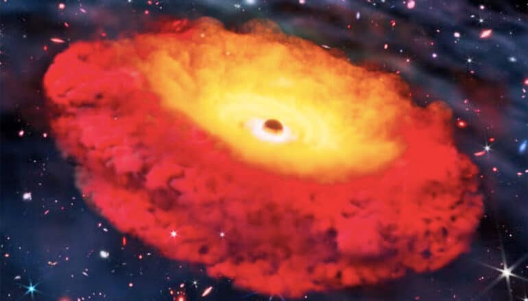 An illustration of a black hole surrounded by orange and red gas.