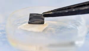 A pair of tweezers pull a small black square out of a petri dish.