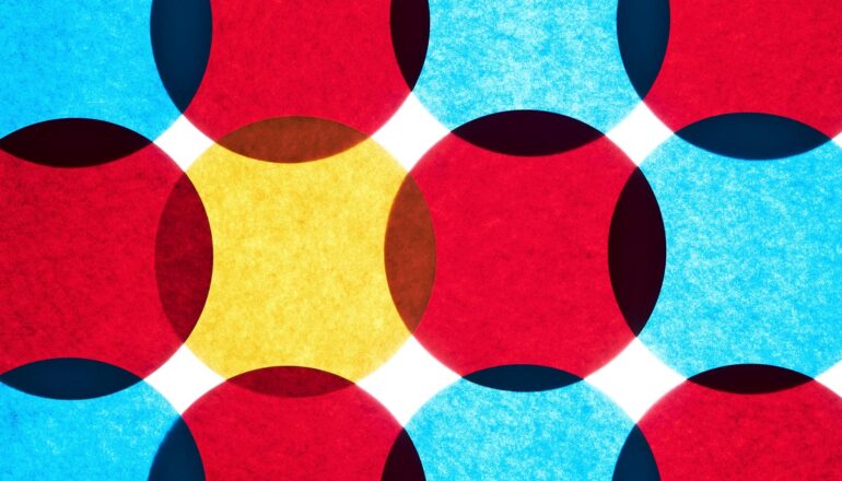 Overlapping red, blue, and yellow circles on a white surface.