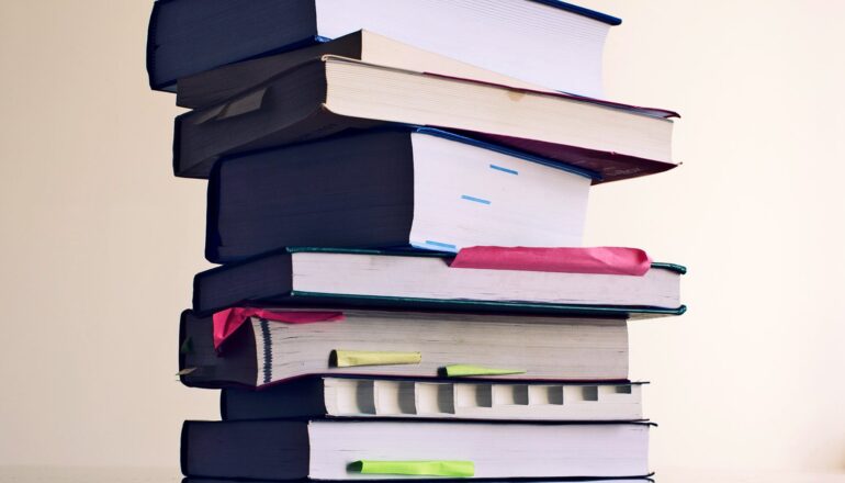 A stack of textbooks.