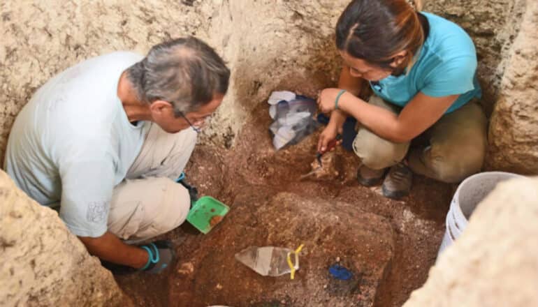 Two researchers in a pit looking down into dirt.