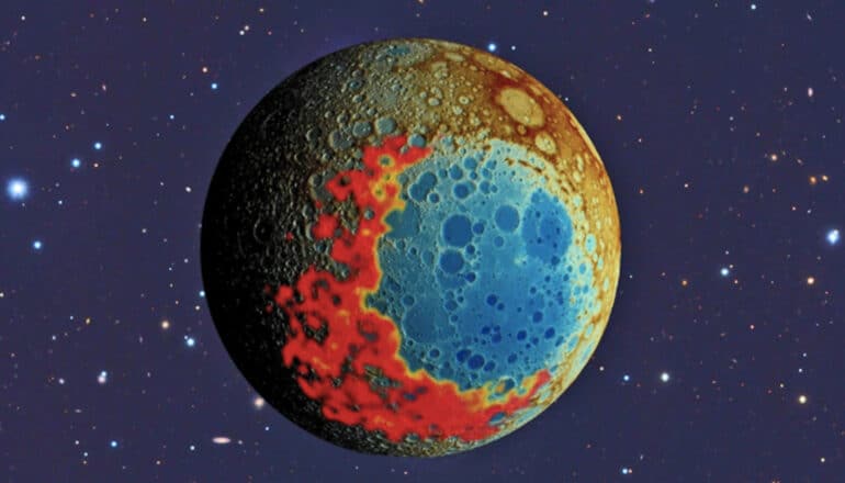 An illustration of the moon with its largest impact crater highlighted in various colors.