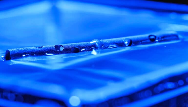 A metal tube with holes in it floats on water.