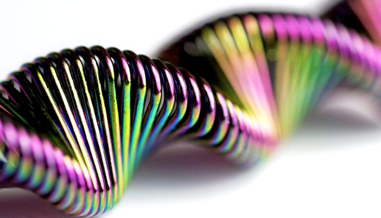 Colorful metal arranged in the shape of a double helix.