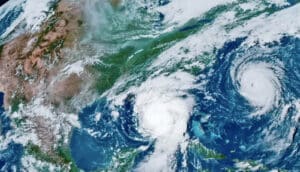 A satellite image shows a hurricane on the coast of Florida.