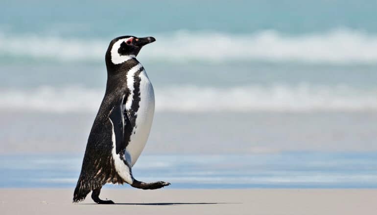 A black and white penguin walks along a beach in profile.