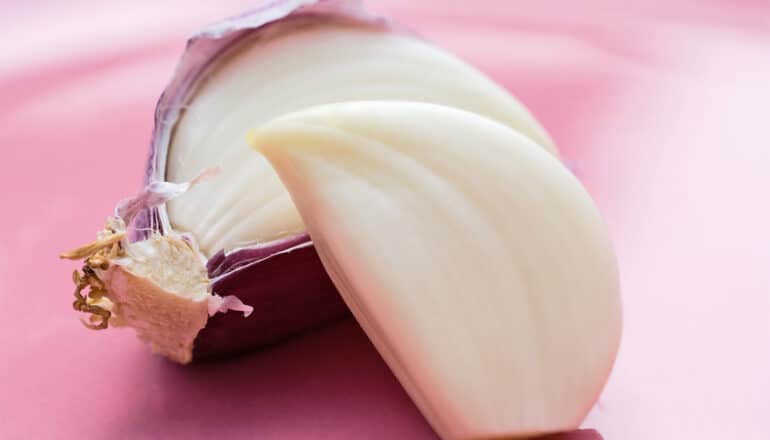 Two cloves of garlic on a pink plate.