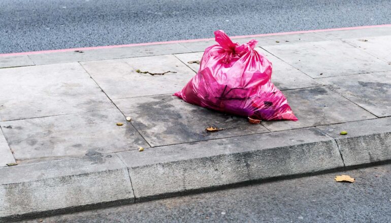 A pink trash bag sits on a sidewalk.