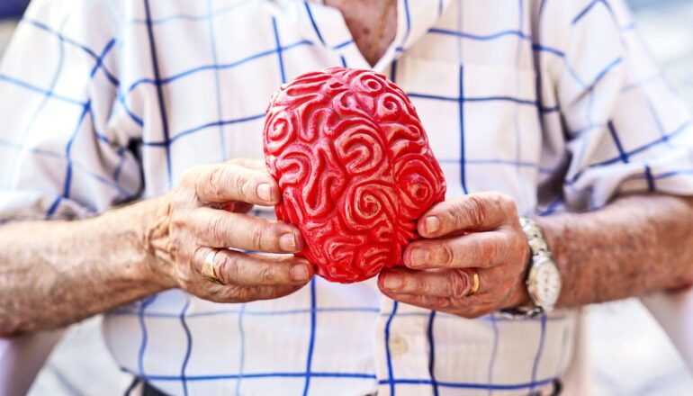 An older man holds a pink model of a human brain in both hands.